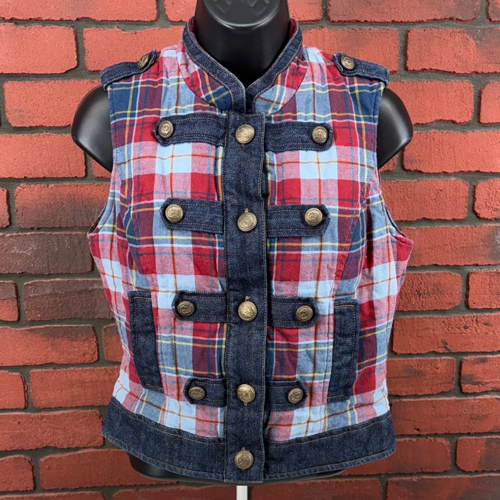 Forever 21 Plaid Denim Vest - Red and Blue